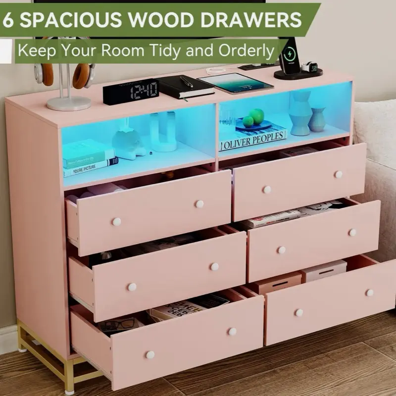 6 Drawer Double Dresser with LED Lights Chest of Drawers for Bedroom, Hallway