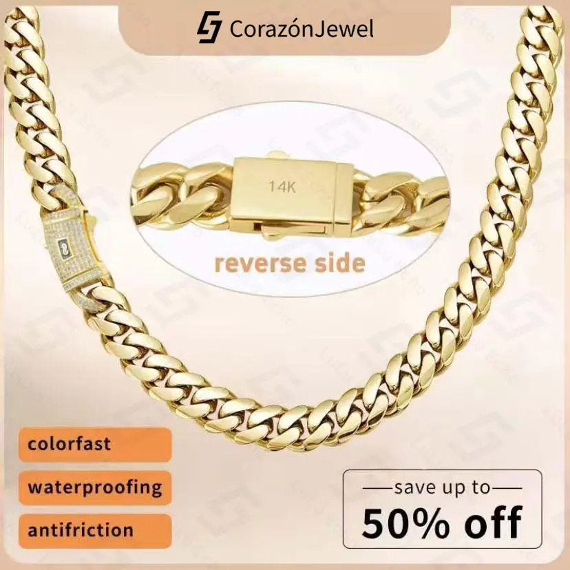 CorazónJewel Mens/Women 14K Gold Plated Cuban Link Necklace Stainless Steel Miami Thick Necklace Hip Hop Jewelry 6/8/10/12/14 MM