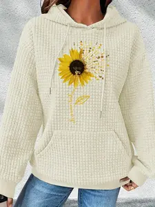 Women's Sunflower & Letter Print Drawstring Pocket Hoodie, Casual Drop Shoulder Long Sleeve Hooded Sweatshirt, Ladies Fall & Winter Clothes, Womenswear