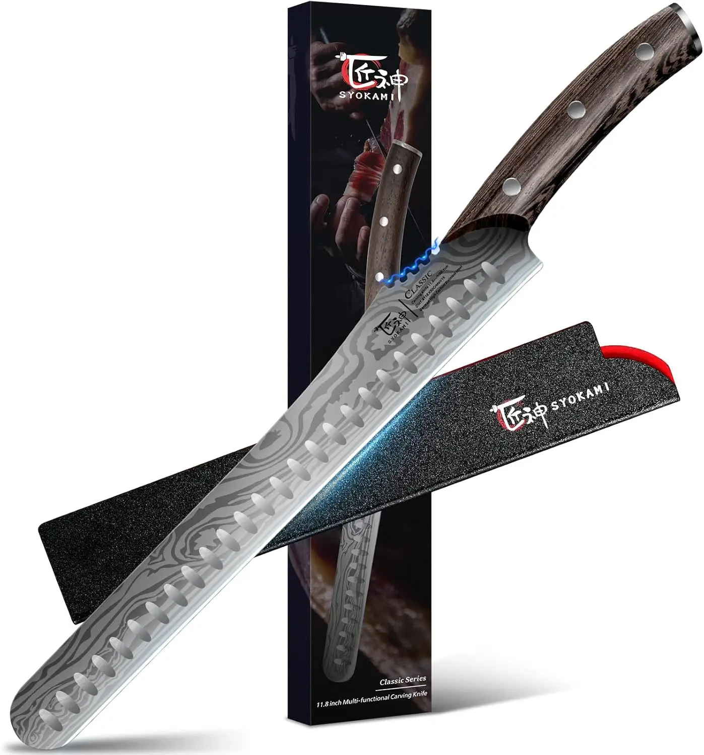 【DealsForYouDays】SYOKAMI Multifunction Carving Knife, 12 Inch High-Carbon Japanese Style Brisket Knife with Wood Handle, Damascus Pattern Full Tang Design, Razor Sharp Slicing Knife for Meat Cutting with Gift Box, Gift for Valentines Day