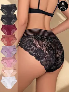 DORSU 8pcs/6PCS Women's High Waist Sexy Lace Panties Briefs Soft Women's Lace Lingerie Slimming Design + Soft and Skin-Friendly Fabric
