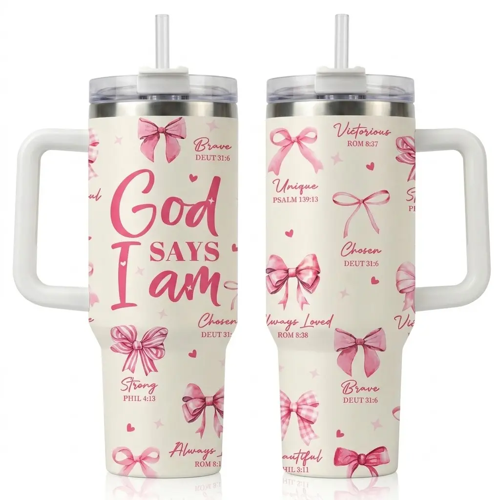 40oz Reusable Stainless Steel Thermal Vacuum Flask Tumbler - Portable, Printed with God Says I Am, Includes Handle, Straw, Lid & Cover, Religious Christian Mother's Day Gift for Women