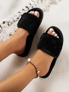 Women's Solid Color Fluffy Plush Slippers, Casual Soft Comfortable Home Slippers, Warm Slippers for Indoor & Outdoor Use for Fall & Winter, Walking Shoes