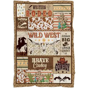 Cowboy Blanket 40'' x 30'' for Boys, Brown, Beige, Polyester, 100% Microfleece, Western Pattern, Handcrafted, Lightweight, Warm, Machine Washable