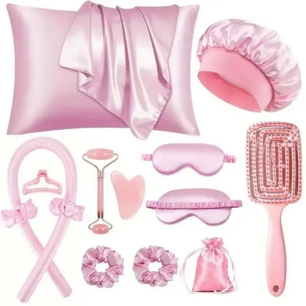 4 Colors 13-Piece Heatless Curl Rollers Set - Overnight Heatless Curlers for Big Loose Curls, Damage-Free Easy-to-Use Complete Curly Kit, Hair Styling Tools Gift for Girls,Pink Hot