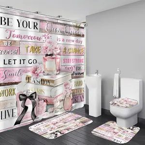 4Pcs Shower Curtain Set Pink Fashion Floral Bathroom Decor Inspirational Quotes Bathroom Shower Curtain with Rugs and Accessories Girly Perfume Bathroom Set