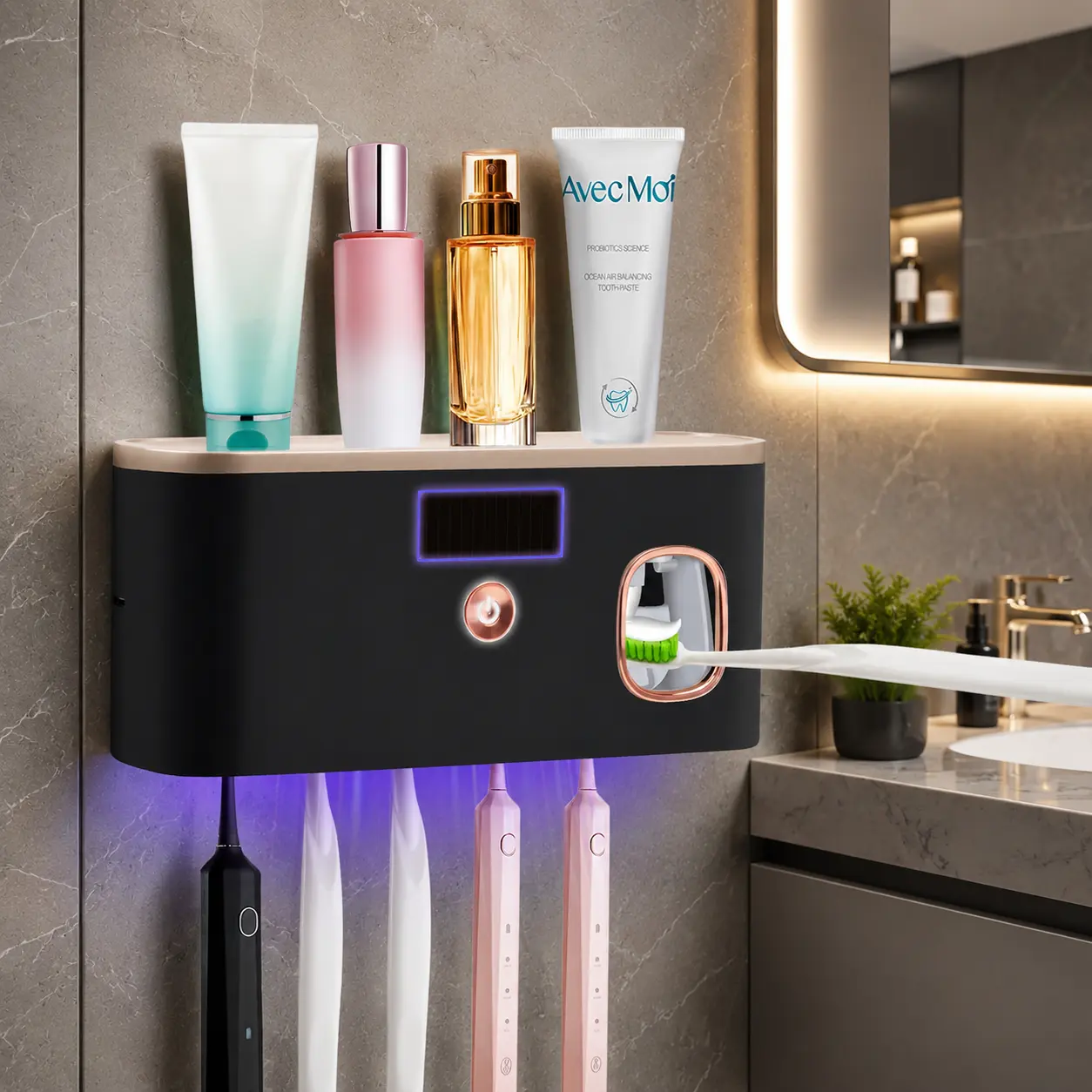 Upgraded UV Toothbrush Holder for Bathrooms, 5-Slot Wall-Mount Sanitizer with Timer and Toothpaste Dispenser for Electric & Regular Toothbrushes, Black Rose Gold