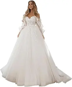 SoDigne Wedding Dresses for Bride 2024 Lace Applique Long Sleeve Tulle Summer Bridal Gowns for Women