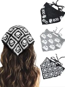 Halloween Knitted Skull Ghost Headband Set, 3-Piece Triangular Scarf Hair Band, Daily Versatile Decorative Accessory for Parties & Commuting, Party Supplies