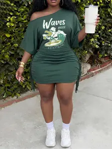Slaydiva Dark Green Casual Smart Casual Vacation Elegant Women Y2K Graphic Print Bodycon Mini Dress,Sage Green Duck Surf Off Shoulder Tie Side Tassel Ruched
