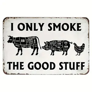 Vintage BBQ Butcher Meat Cutting Chart Metal Wall Art 8x12 Inch Waterproof Iron Sign with Pre Drilled Holes I Only Smoke the Good Stuff Bacon Compass Design for Kitchen Patio Outdoor Decor Durable Flat 2D Metal Sign Humorous Gift for Grill Masters