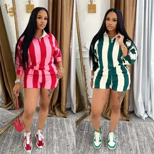 Women’s two-piece striped fashion tracksuit set, spring/summer 2025: long-sleeve polo-neck T-shirt and shorts (2-piece).