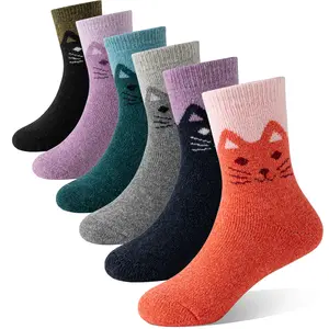 6 Pairs Kids Merino Wool Hiking Socks For Toddlers Boys Girls Warm Thick Thermal Crew Boot Heavy Cozy Cute Cat Gift Socks