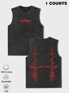 1 Men's Black Washed Oversized Tank Top, Red Flame & Drip Graphic, 100% Cotton, Streetwear Style, Ideal for Urban Outfits & Edgy Wear