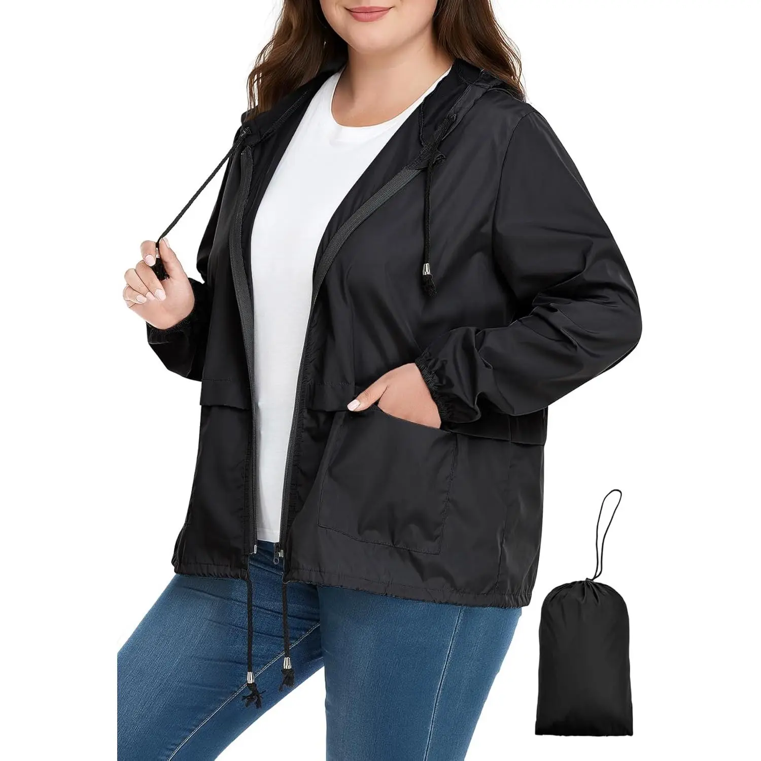 Women's Plus-Size Rain Jacket - Lightweight Hooded Windbreaker with Adjustable Fit, Waterproof & Packable for Outdoor Travel and Hiking, Tops, Style, Coat, Casual
