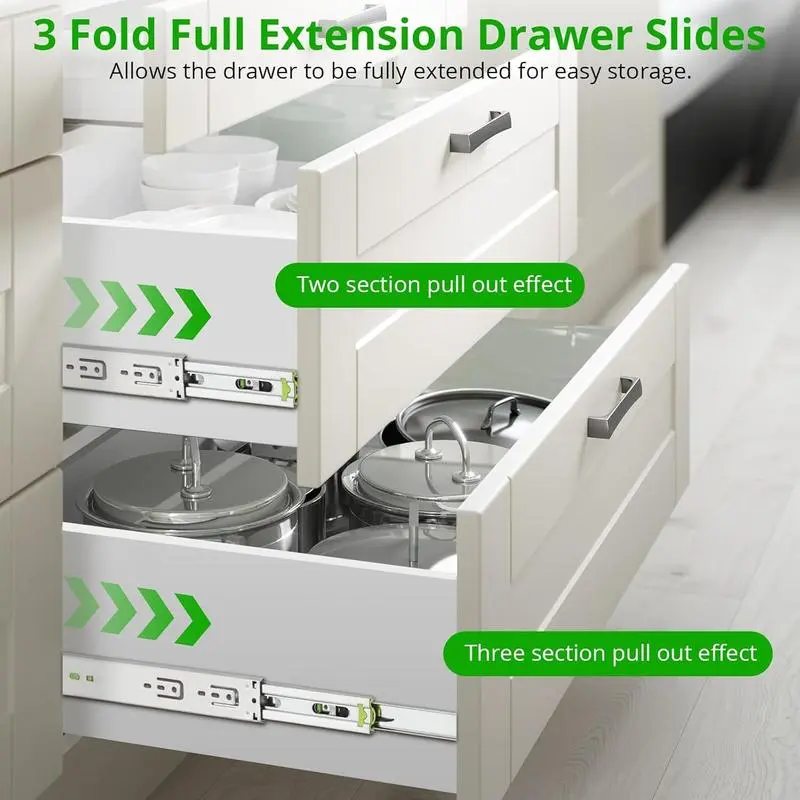 Drawer Slides for Kitchen, RV, Office Cabinets, 10-16 Inch Full Extension, 120 Lbs Load Capacity, Smooth Ball Bearing, Silent Design