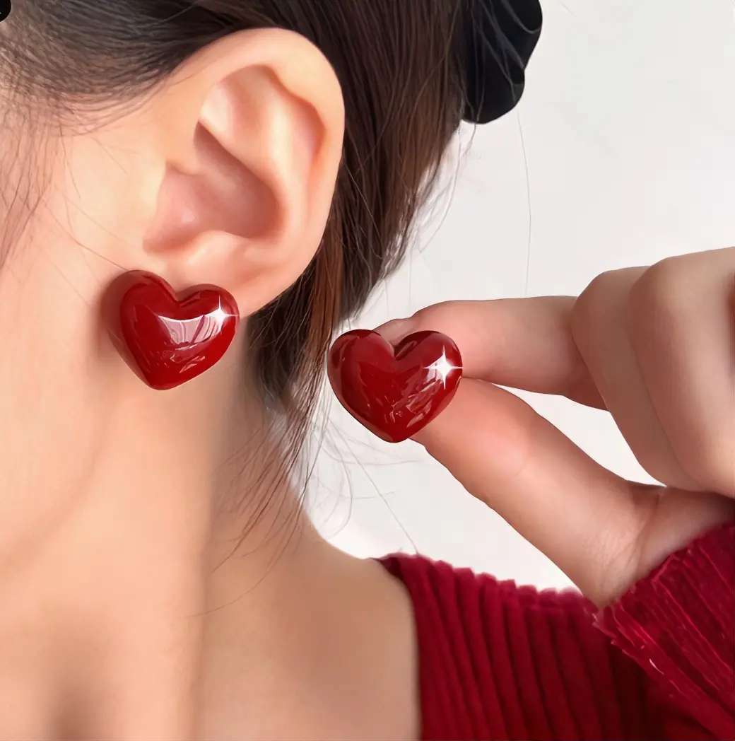 Heart-Shaped Earrings in Vibrant Red Color for Women's Fashion Accessory