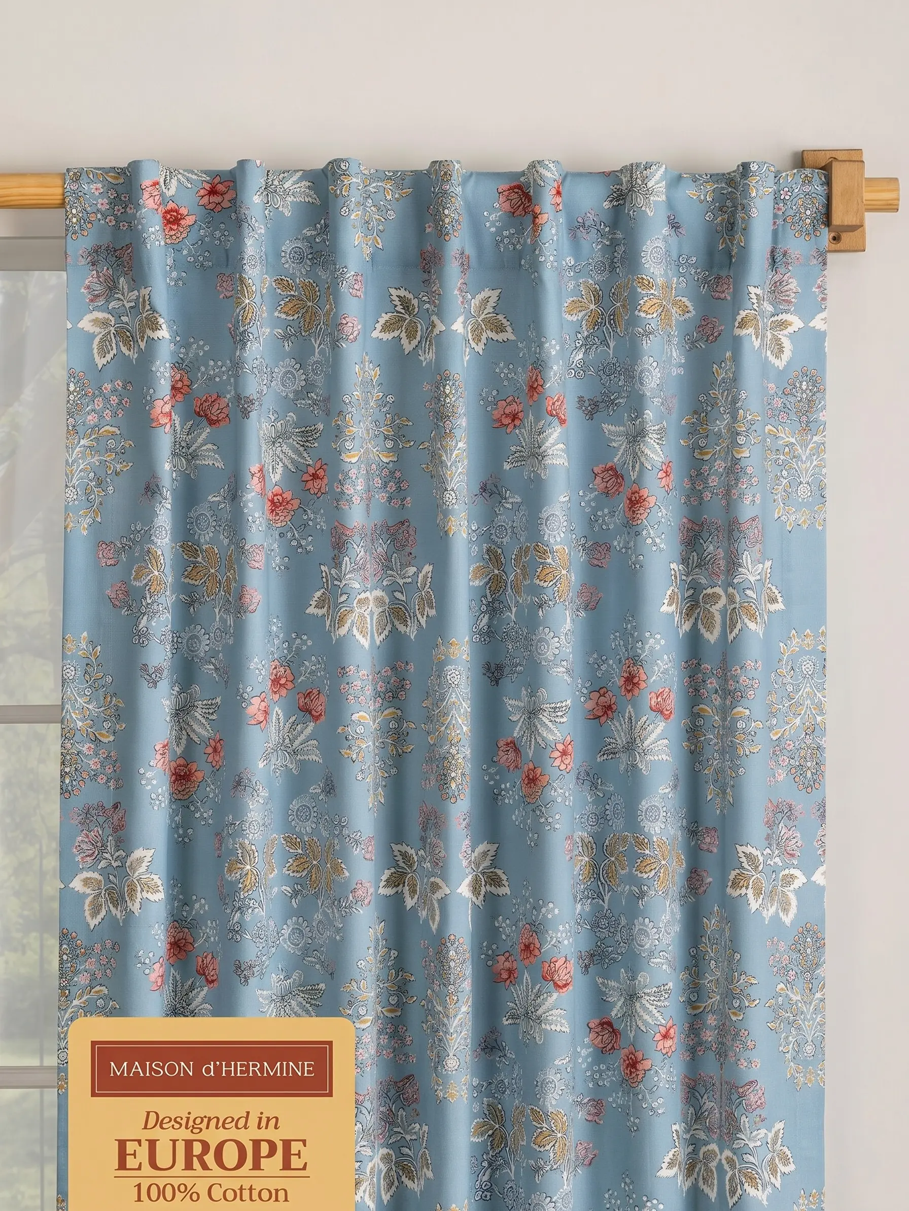 Maison d'Hermine 100% Cotton Single Panel Window Curtain - Durable Light-Filtering Vintage Floral Print European Art Style, Rod & Loop Pockets, Living Room Decor, Easter Accessory, Curtain For Windows, Window Drapes