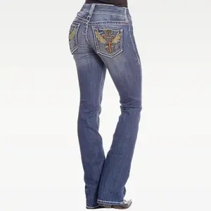 Morgan BlueMoment Stretchy Bootcut Jeans Western Cowgirls Mid Waist Tummy Control Denim Pants with Cross Wings Embroidery Retro BBL