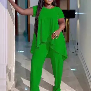 Women's Plus Size Pant Suits 2 Piece Outfits Short Sleeve Peplum Top Pockets Wide Pants Sets Business Pantsuits