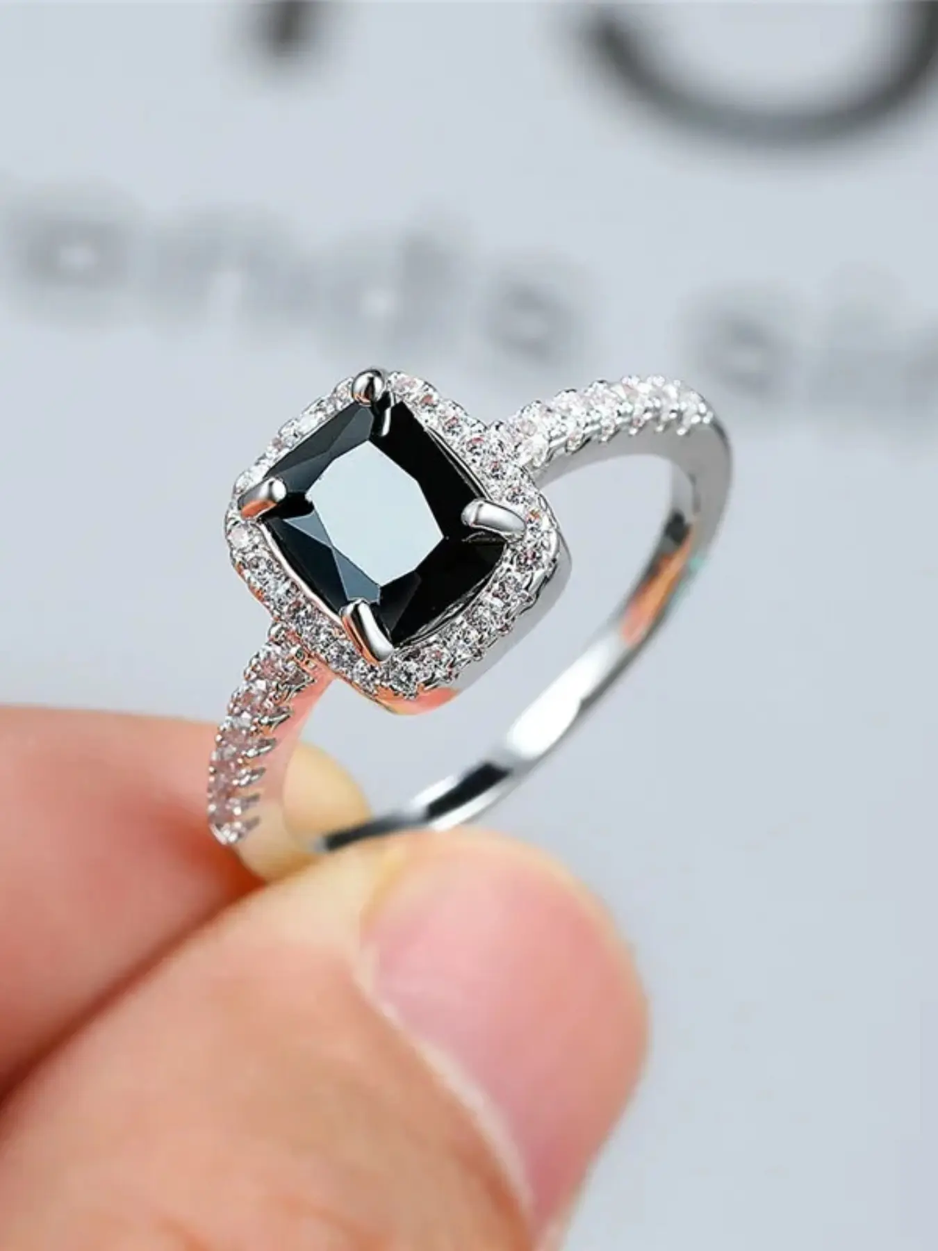Vintage Female Synthetic Crystal Black Stone Rings Silver Color Thin Wedding Jewelry For Women Beautiful Rings Trendy Square Zirconia Engagement Ring Elegant Engagement Ring Cubic Zirconia Ring Artificial Zircon Rings