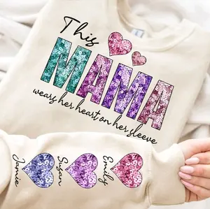 This Mama Wears Her Heart On Her Sleeve • Sweatshirt Crew Neck Valentine Day Love Children Mom Kids Custom Customized Personalized Faux Sequin Glitter Design Comfort Unisex