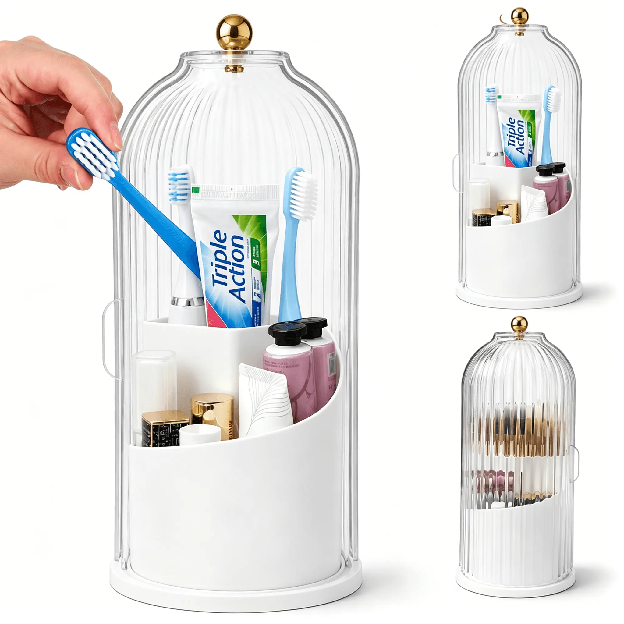 360° Rotatable Bell Jar Cosmetic Organizer with Sealed Flip Lid, Dustproof Moisture-Proof ABS Storage Holder with 3 Partition Slots for Brushes & Skincare Tools, Non-Slip Base, 4 Colors Clear Smoke Gray Green Black for Bathroom Vanity Use