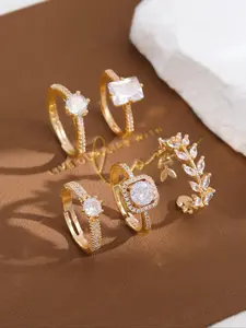 Women's Rhinestone Decorated Ring Set, Stunning Ring Set, Leaf Design Ring, Jewelry for Party & Wedding Cubic Zirconia Decor Bridal Set Rings, Beautiful Rings