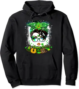 Happy Go Lucky Messy Bun Shamrock St Patrick's Day Tie Dye Pullover Hoodie - Ananavar Shop 68B0BXJ6DYY6
