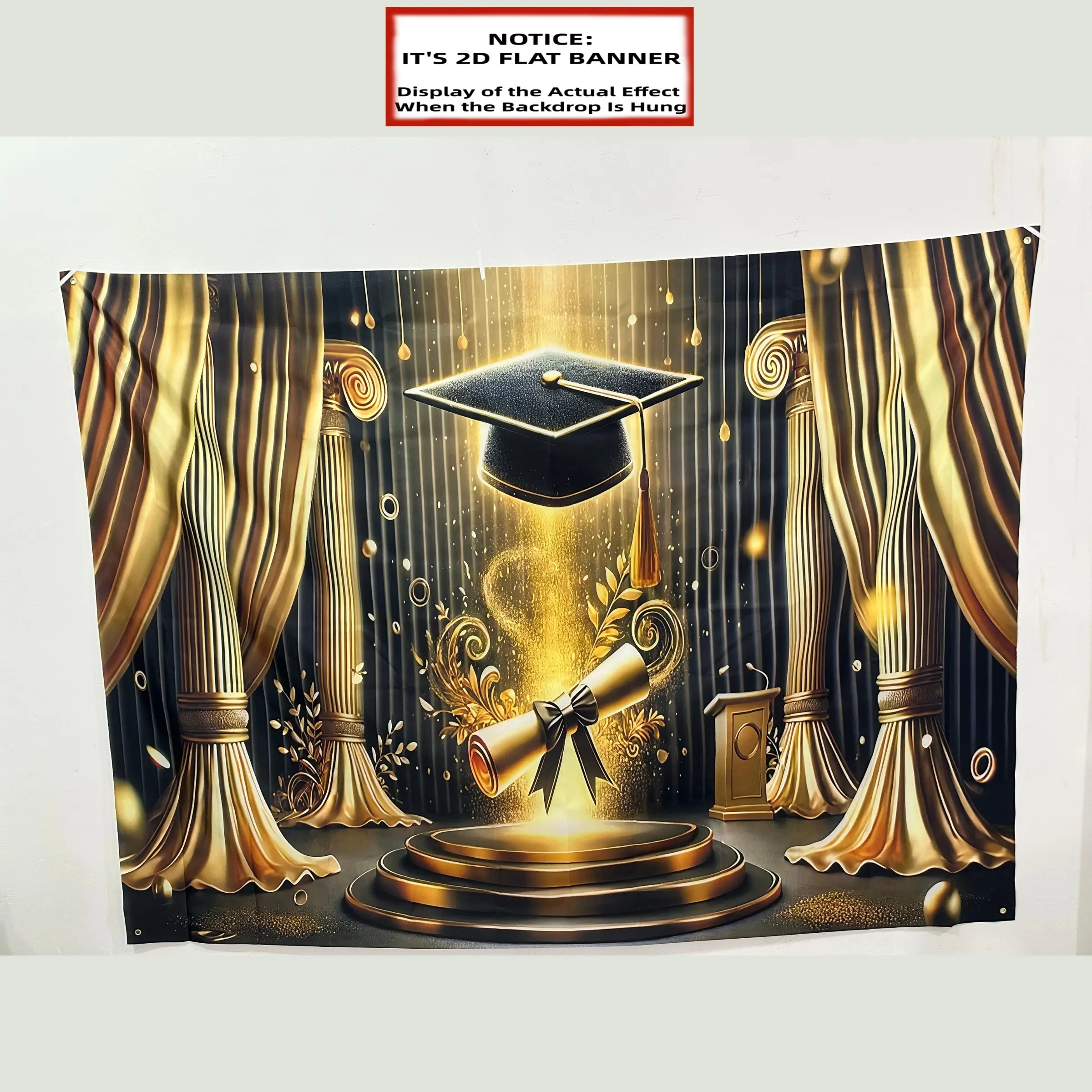 2D Flat Banner, 1pc Graduation Cap and Diploma on Golden Stage with Curtains and Columns Design Party[ Golden Luxury Style] Event Celebration[ Indoor and Outdoor. Room Decor Decorative Banner Decoration Banner Party Decorations Banners