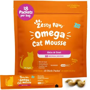 Zesty Paws Omega Cat Mousse - Tasty Topper or Treat for Healthy Skin & Coat, 18 Stick Packs, Omega-3 & 6, Vitamins, Minerals, Antioxidants Supplements