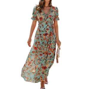 Asvivid Womens Floral Print Frilled V Neck Short Sleeve Maxi Dress Casual Shortsleeve Summer Dresses Womenswear Spring Fashion