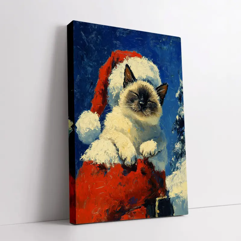 1pc Vintage Rice Cat and Santa Claus Canvas Painting - Animal Theme Christmas Decoration, Suitable for Bedroom, Living Room, Ready to Hang, Easy to Install - English Text - Pudraw