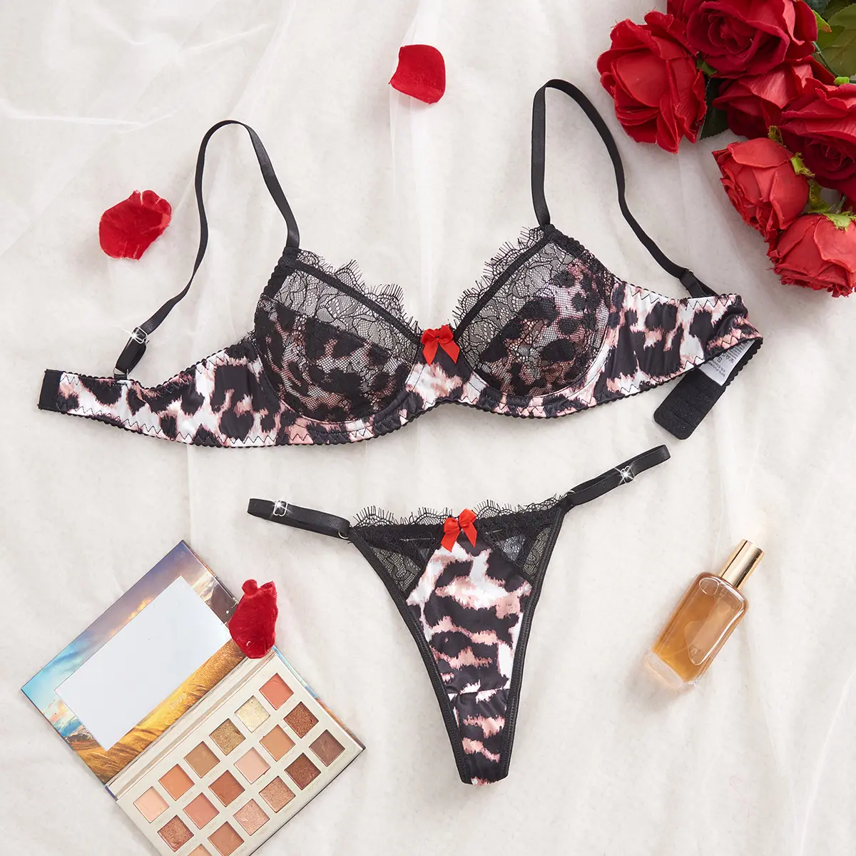 Women's Sexy Lace and Leopard Print Lingerie Set with Push-Up Underwire Bra and Thin Breathable Panties, Underwear Women, Barely There Lace Underwear Sets, Colorful Leopard Print Underwear Sets