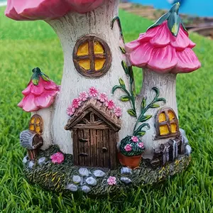 [Fantasy Fairy Mushroom House] 1pc Fantasy Fairy Resin Mushroom House Garden Statue | Enchanting Pink Dead Grass House with Floral Decorations - Perfect for Spring Decoration, Yard Display, and Birthday Gifts