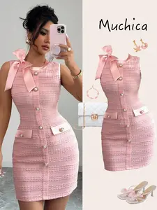 Women’s Elegant Sleeveless Bodycon Mini Dress in Knit Fabric with A Satin Bow Detail, Pearl Embellishments, and Metal Buttons—Perfect for Spring and Summer Dates, Roman Occasions, and Parties.