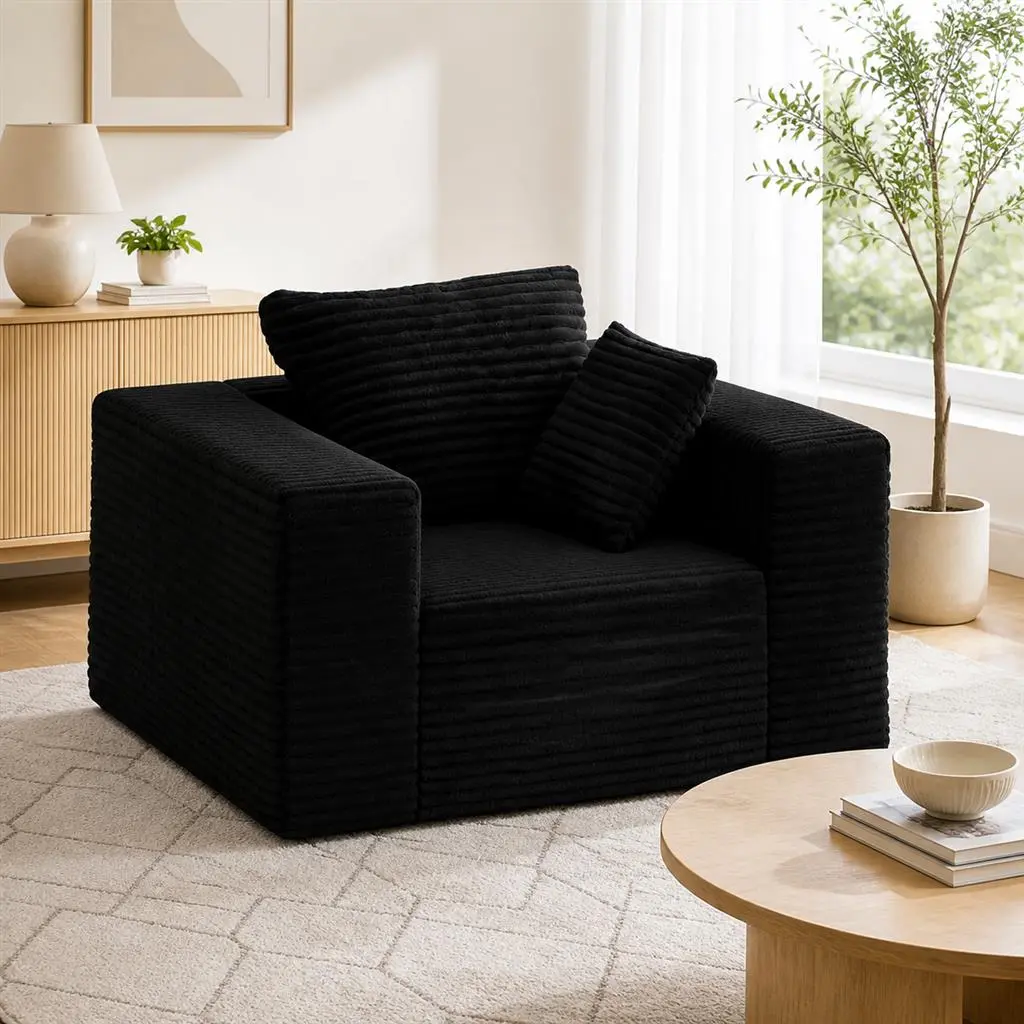 47‘’ Boneless Single Sofa Chair - Black Ribbed Corduroy, High Backrest, 2 Pillows, Wide Armrests, Memory Foam Comfort, No Assembly Required for Living Room, Bedroom