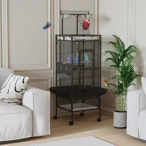 60" Large Bird Cage with Play Top & Ladder, Metal Flight Cage for Parakeets Conures Cockatiels, Rolling Parrot Cage with 4 Stainless Bowls & Slide-Out Tray, Mobile Birdhouse with 360° Wheels, Extra Wide Stable Bird Villa, Black
