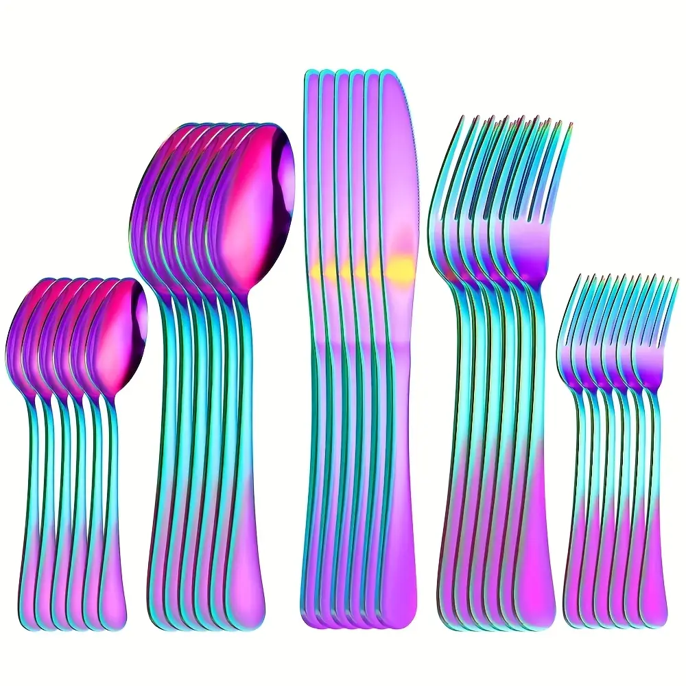 Stainless Steel Rainbow Cutlery Set, 30-Piece 5-Person Colorful Silverware Dinnerware Service Set, Modern Tableware Sets, Mirror-Polished and Dishwasher-Safe, Perfect for Gifts, Parties, Home and Restaurant Use, Utensils Set, Metal Utensils Set