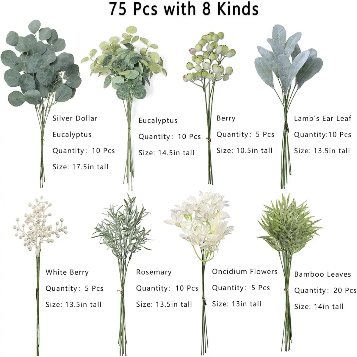 75-Pcs Decorative Artificial Greenery Stems Box Set - 8 Kinds of Lifelike Fake Plants with Bendable Wire, Faux Eucalyptus Flowers, Bamboo Leaf Texture, Oncidium Accents for Floral Decor, DIY Bridal Bouquets (Sage Green)