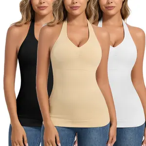 1/2 Pack Women's Tummy Control Shapewear Cami Tanks with Built in Bra, Basic Sleeveless V Neck Camisole Padded Bras Halter Tops  Womenswear Underwear Comfort Vest for Daily Wear