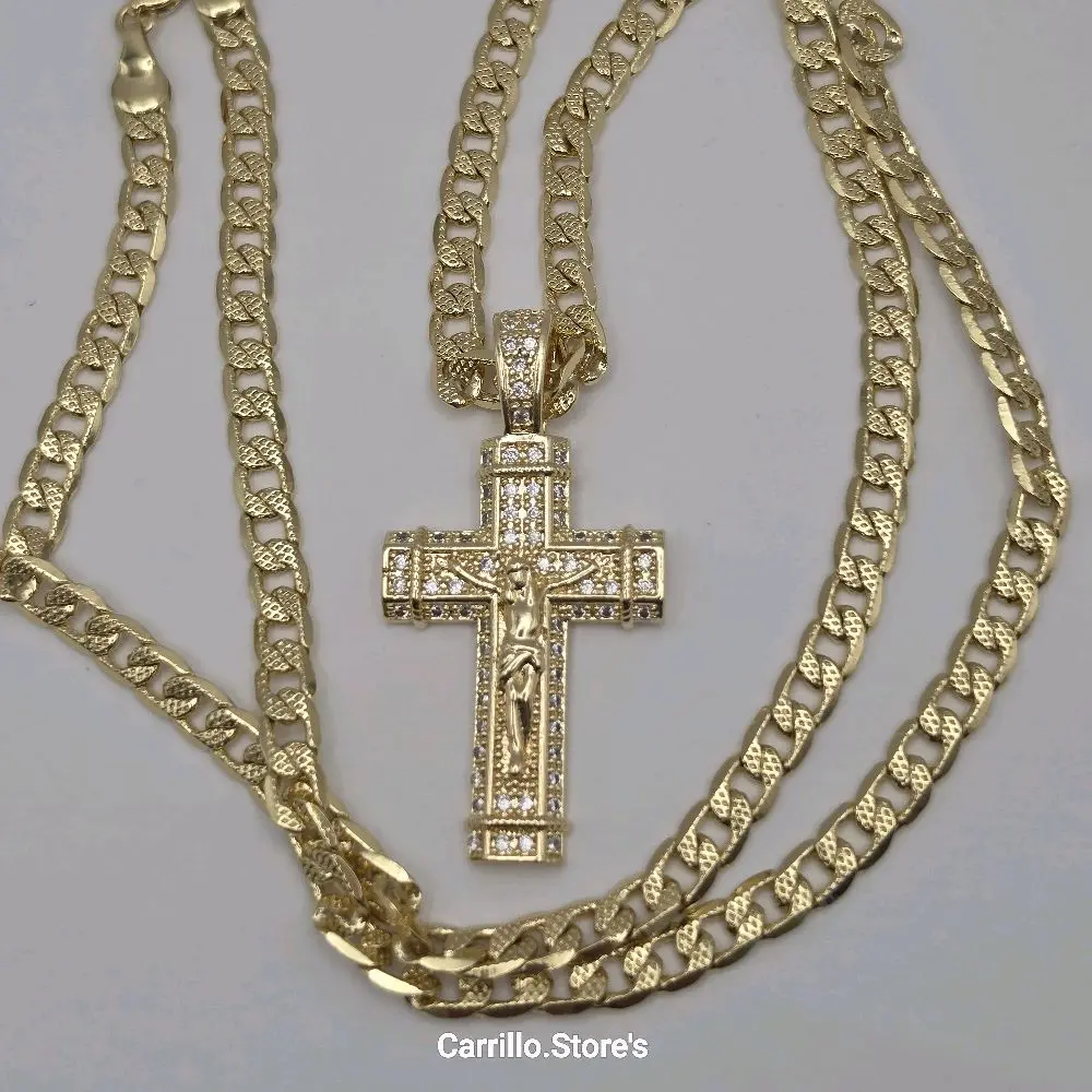 CHRIST ON THE CROSS Fashion necklace Cuban link style gold-plated 24"inches with stone's