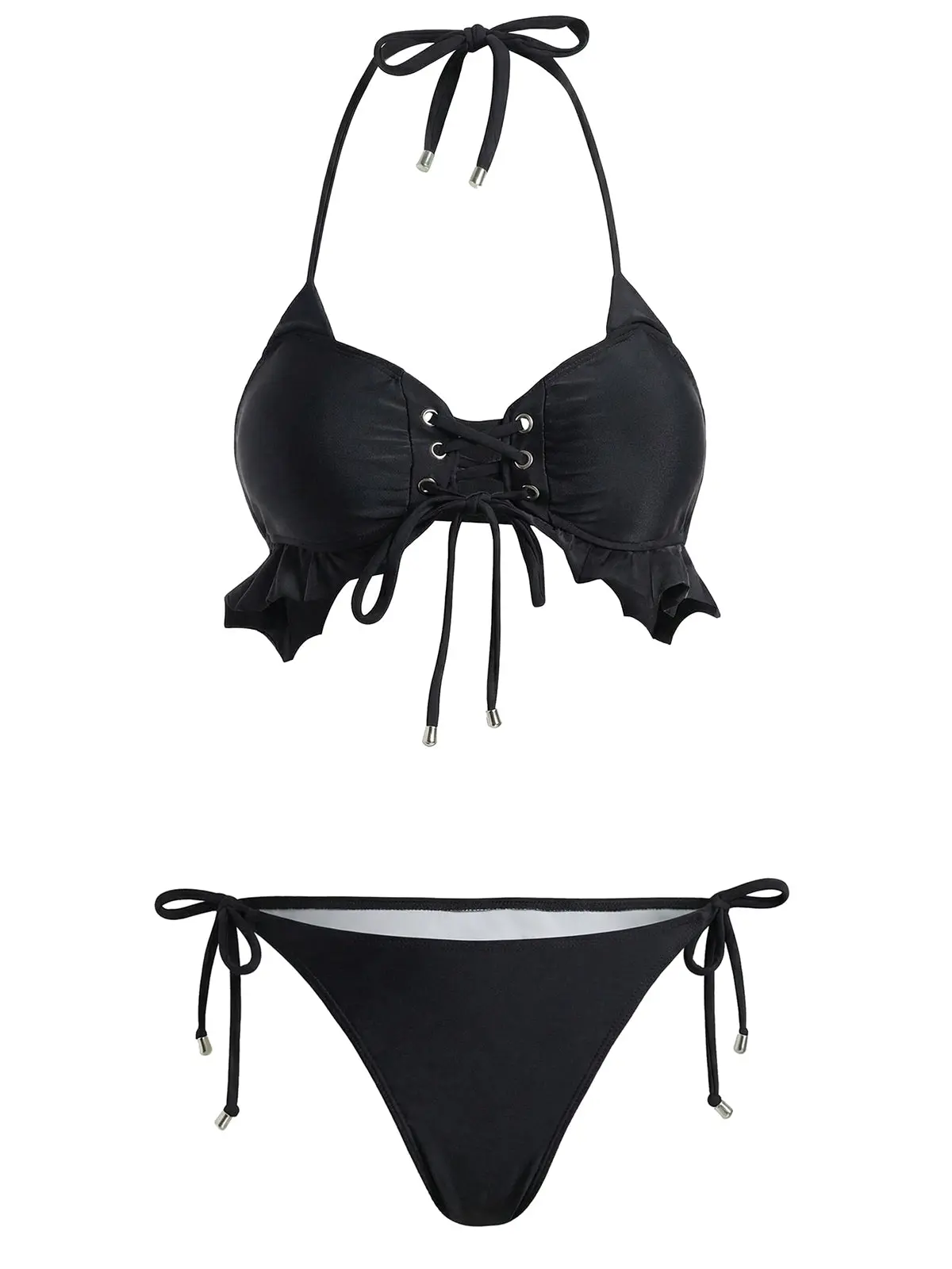 Black 1950s Gothic Cat Bat Halter Lace Up Ruffle Hem Bikini Set