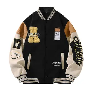Men's Street Style Baseball Jacket – Patchwork Color, Embroidered and Printed Design Details, Button Closure, Vintage Athletic Look, Perfect for Everyday Wear and Trendy Styling