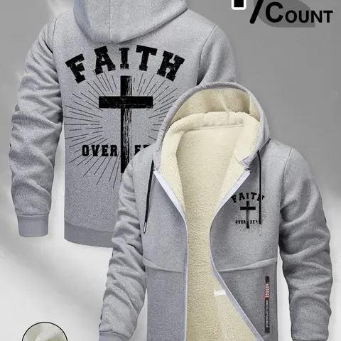 ❄️Winter Faith Armor: FAITH OVER FEAR Casual Sherpa Hoodie Jacket Long Sleeves | 1/COUNT + Cross Print🔥Crush Cold & Doubt – TikTok’s Hottest Spiritual Flex💥
