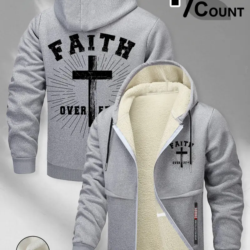 ❄️Winter Faith Armor: FAITH OVER FEAR Casual Sherpa Hoodie Jacket Long Sleeves | 1/COUNT + Cross Print🔥Crush Cold & Doubt – TikTok’s Hottest Spiritual Flex💥