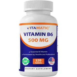 Vitamatic Vitamin B6 (Pyridoxine HCI), 500 mg 120 Vegetarian Tablets - Promotes Energy Production, boosts Metabolism and Immune Health Support Edible Dietary