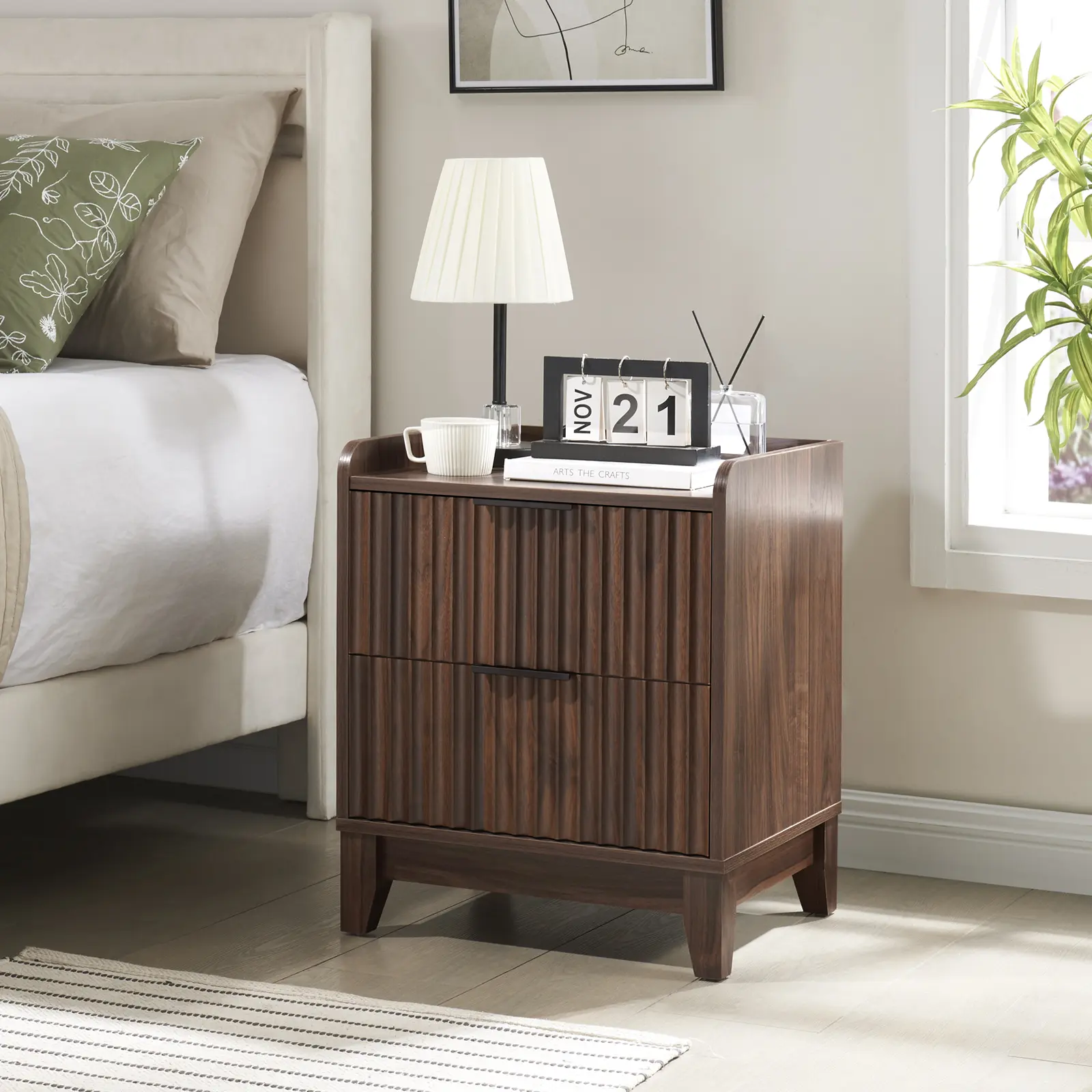 PieDle Fluted Nightstand with Charging Station, Modern Bedside Table with 2 Drawers, Farmhouse Wooden End Side Table for Bedroom, Living Room