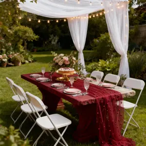 One-piece set, burgundy table runner with pearl tulle, suitable for wedding ceremony arch/dessert table decoration, indoor and outdoor holiday party table/chair back garland ribbon decoration, perfect for Valentine's Day and romantic spring weddings.