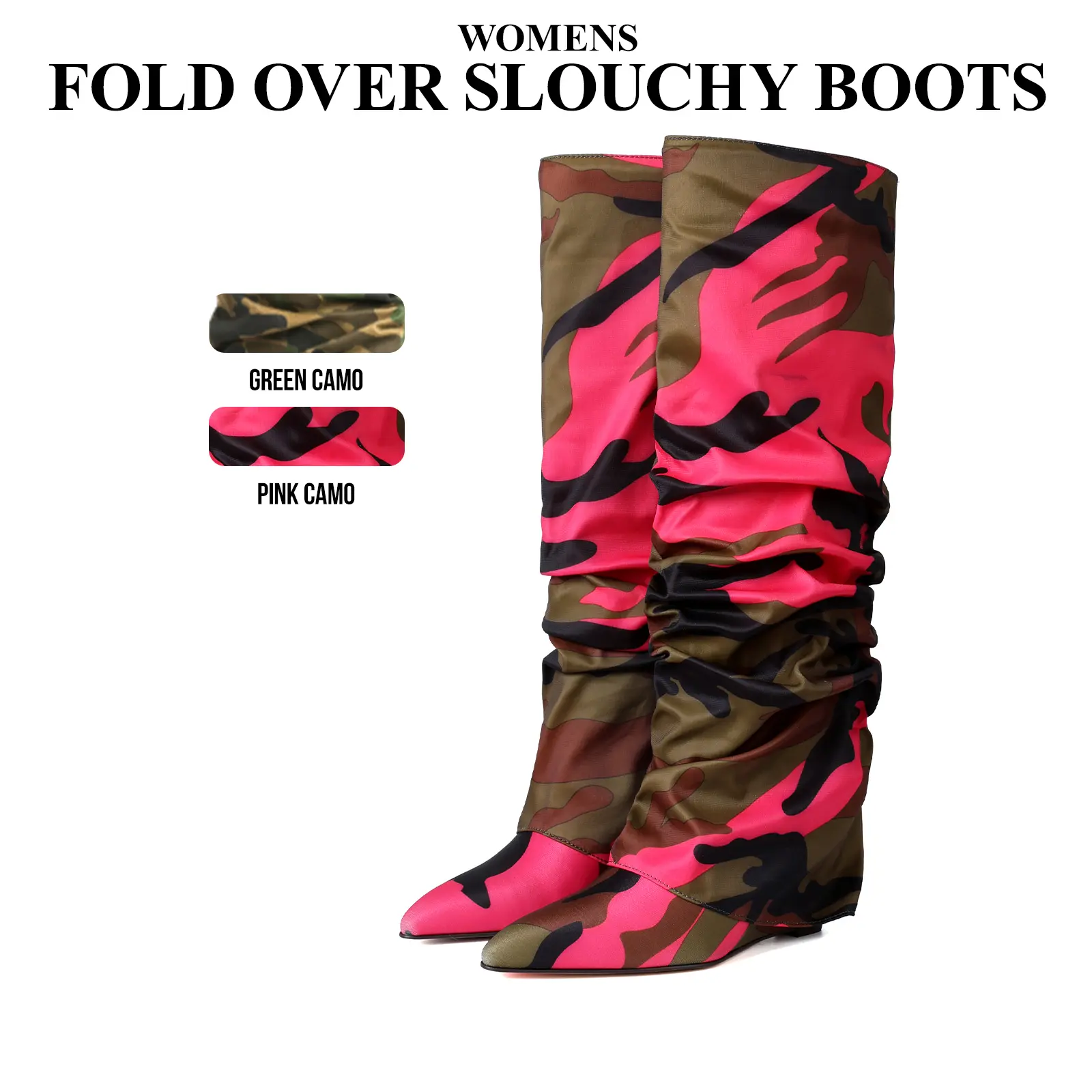 CYNLLIO Slouchy Fold Over Boots for Women Ruched Camouflage Covered Wedge Heel Patent Leather Knee High Boots Wide Calf Pointed Toe Casual Boots  Summer